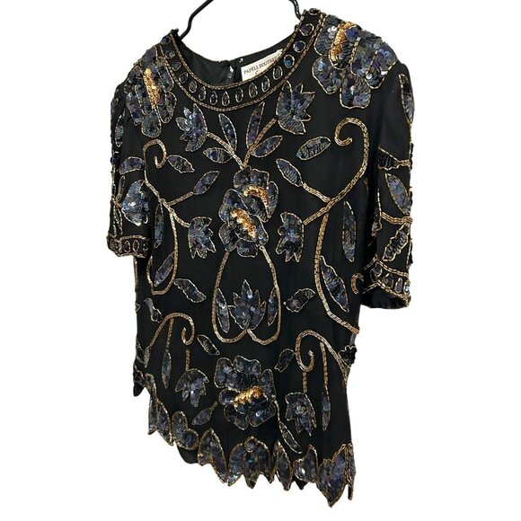 Sequin Beaded Large Papell Boutique Evening Black Floral Top Event Holiday Glam - Picture 3 of 9